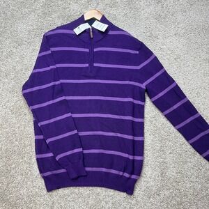 Club Room 1/4 Zip Pullover Sweater Men Large Purple Cotton Striped Mock Neck NEW